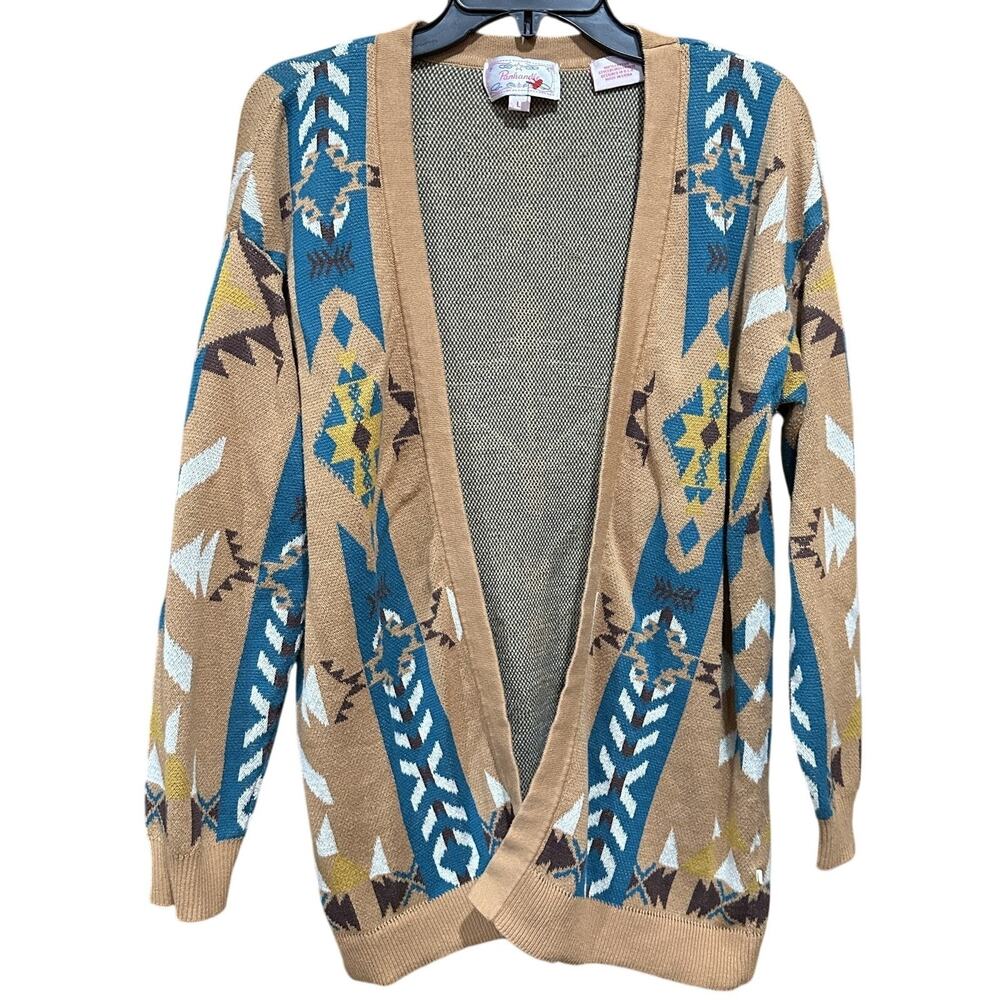 Panhandle Sweater Women Size L Brown Green Yellow Aztec Cardigan Open Front Boho